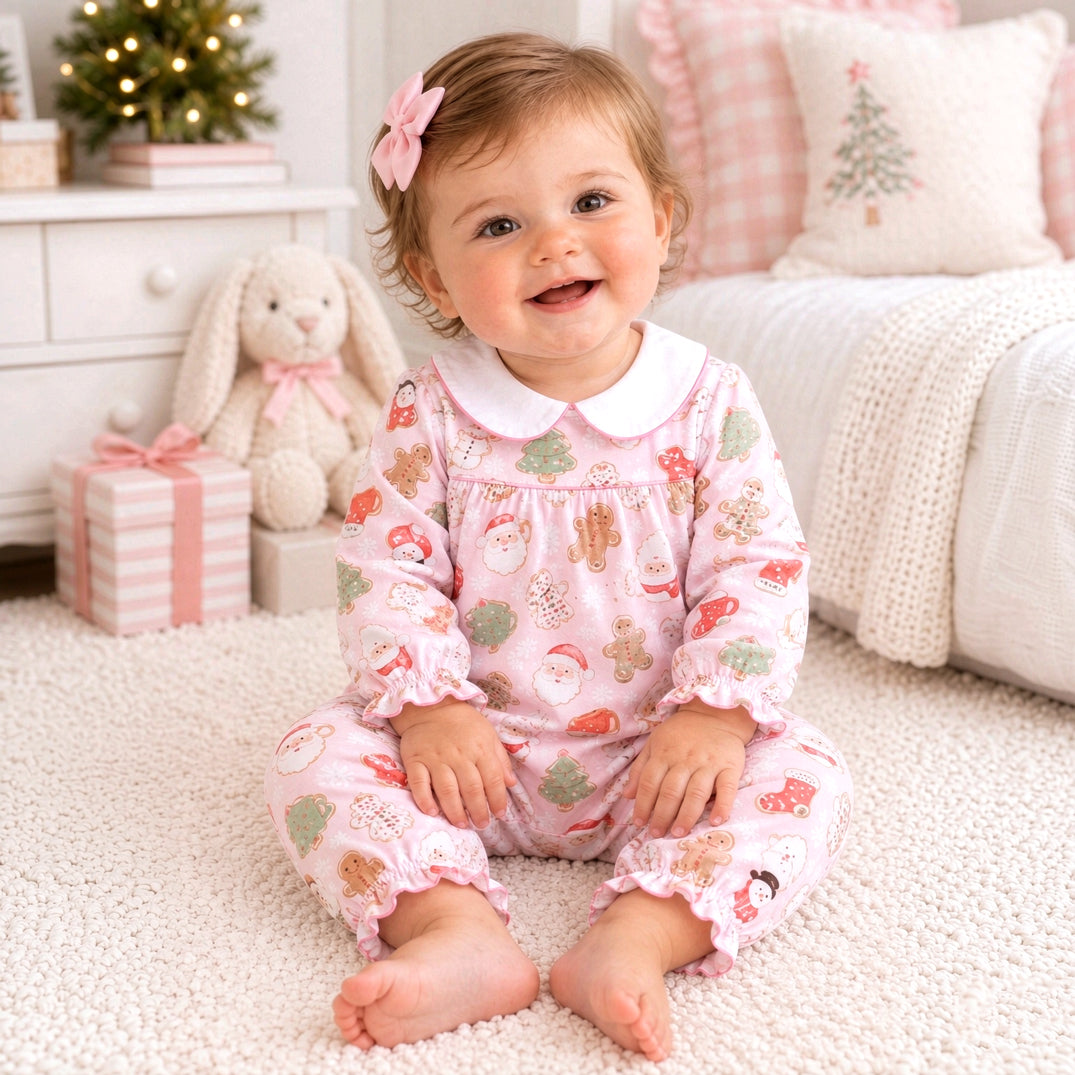 Pretty Santa Gingerbread Print Long Sleeve Baby Christmas Jumpsuit
