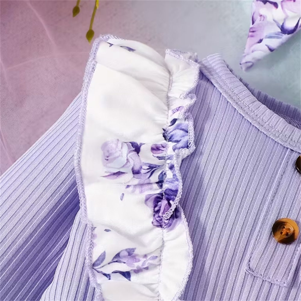 2PCS Purple Floral Print Bowknot Long Sleeve Baby Jumpsuit