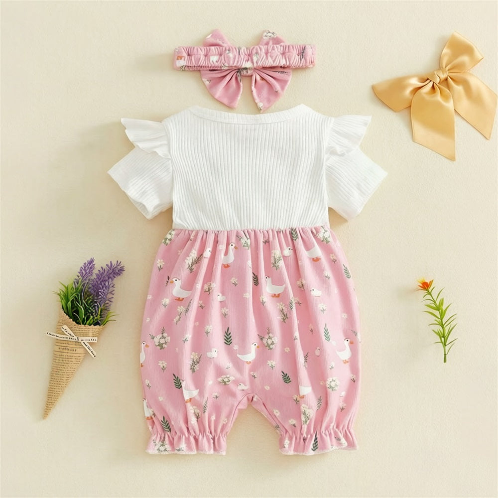 2PCS Floral Goose Printed Short Sleeve Baby Jumpsuit