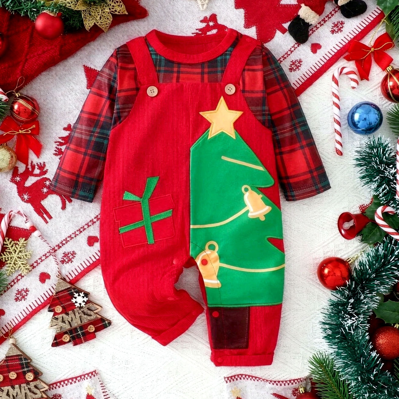 Christmas Trees Plaid Printed Long Sleeve Baby Jumpsuit