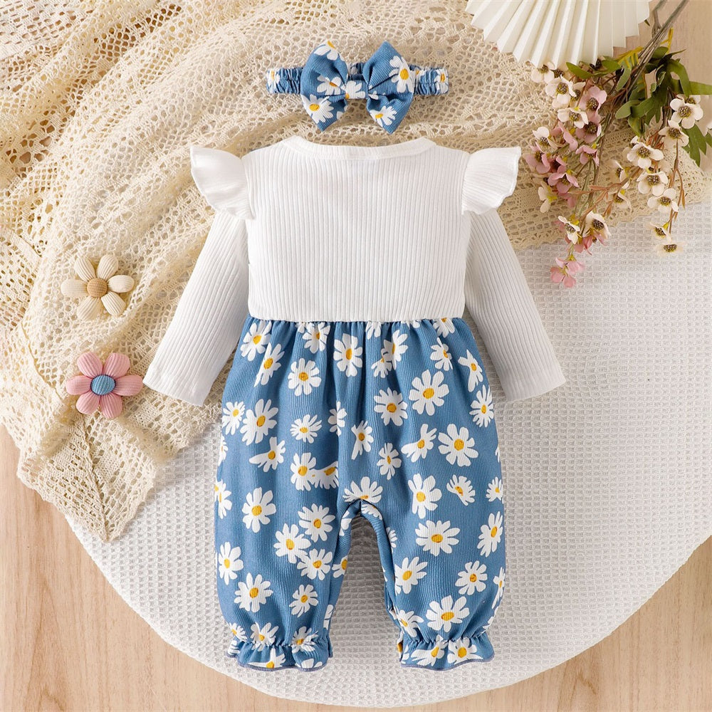 2PCS Trendy Daisy Print Long Sleeve Baby Jumpsuit