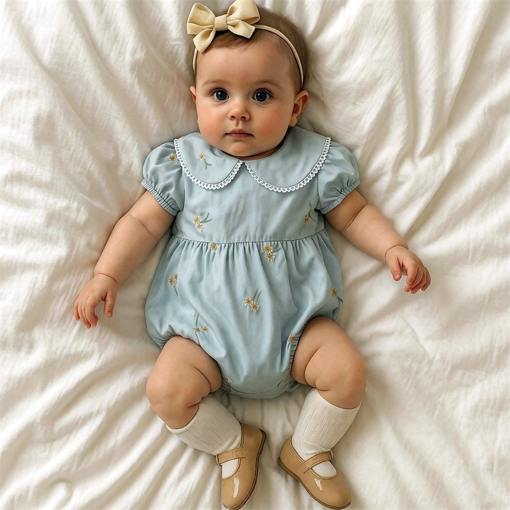 Graceful Floral Embroidery Puff Sleeve Baby Romper