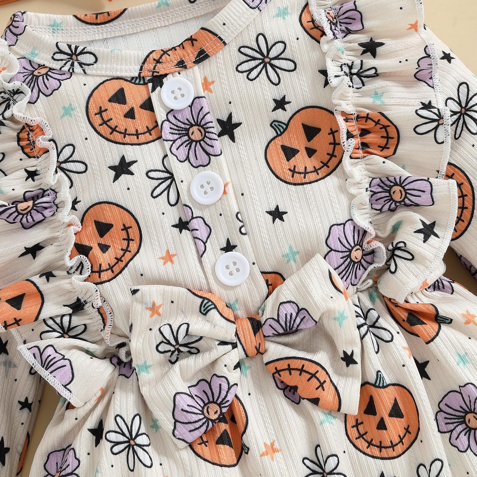 3PCS Quirky Halloween Pumpkin Printed Baby Romper