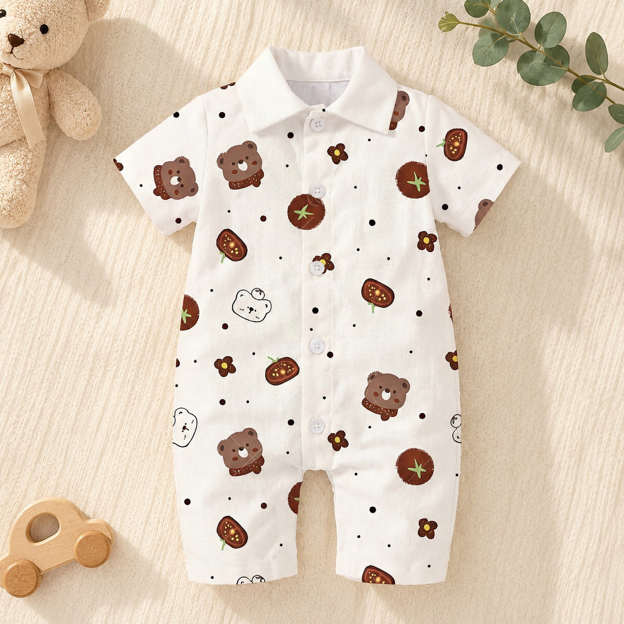 Cute Chocolate Bear & Tomato Printed Short Sleeve Baby Jumpsuit