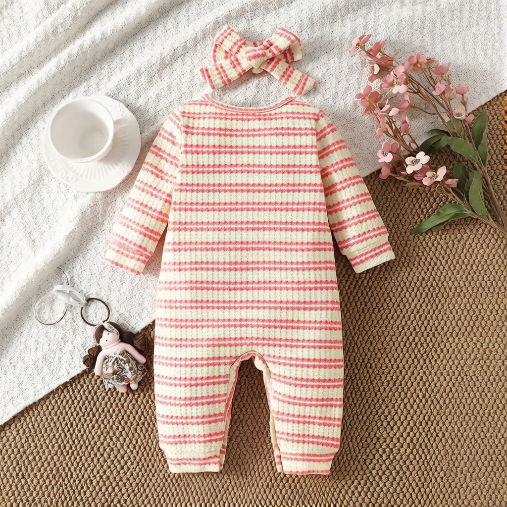 2PCS Stripe Print Waffle Weave Long Sleeve Baby Jumpsuit