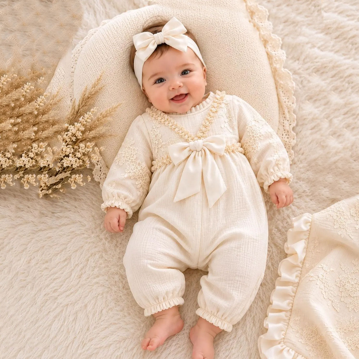 2PCS Delicate Lace Crochet Trim Long Sleeve Baby Girl Jumpsuit