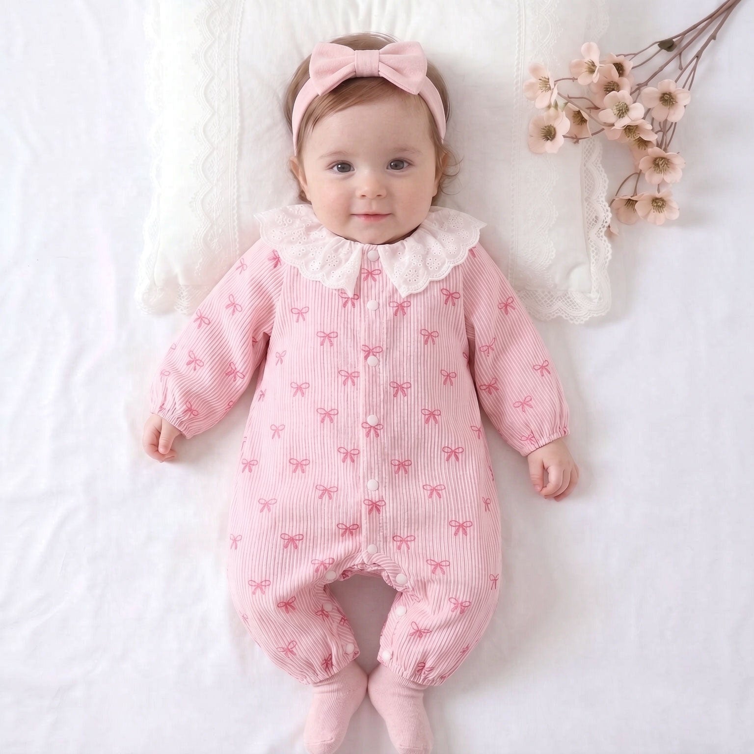 Sweet Bowknot Print Ruffle Long Sleeve Baby Jumpsuit