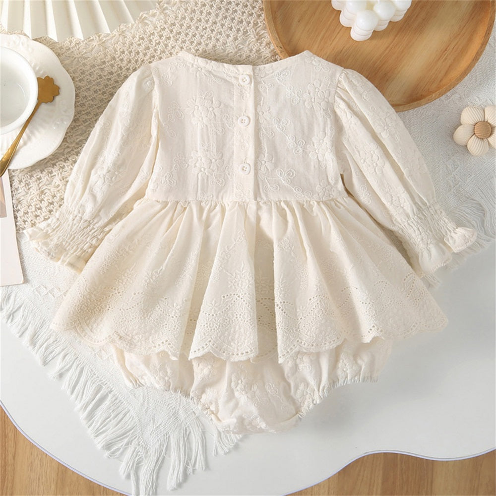 Solid Color Floral Embroidery Long Sleeve Baby Romper