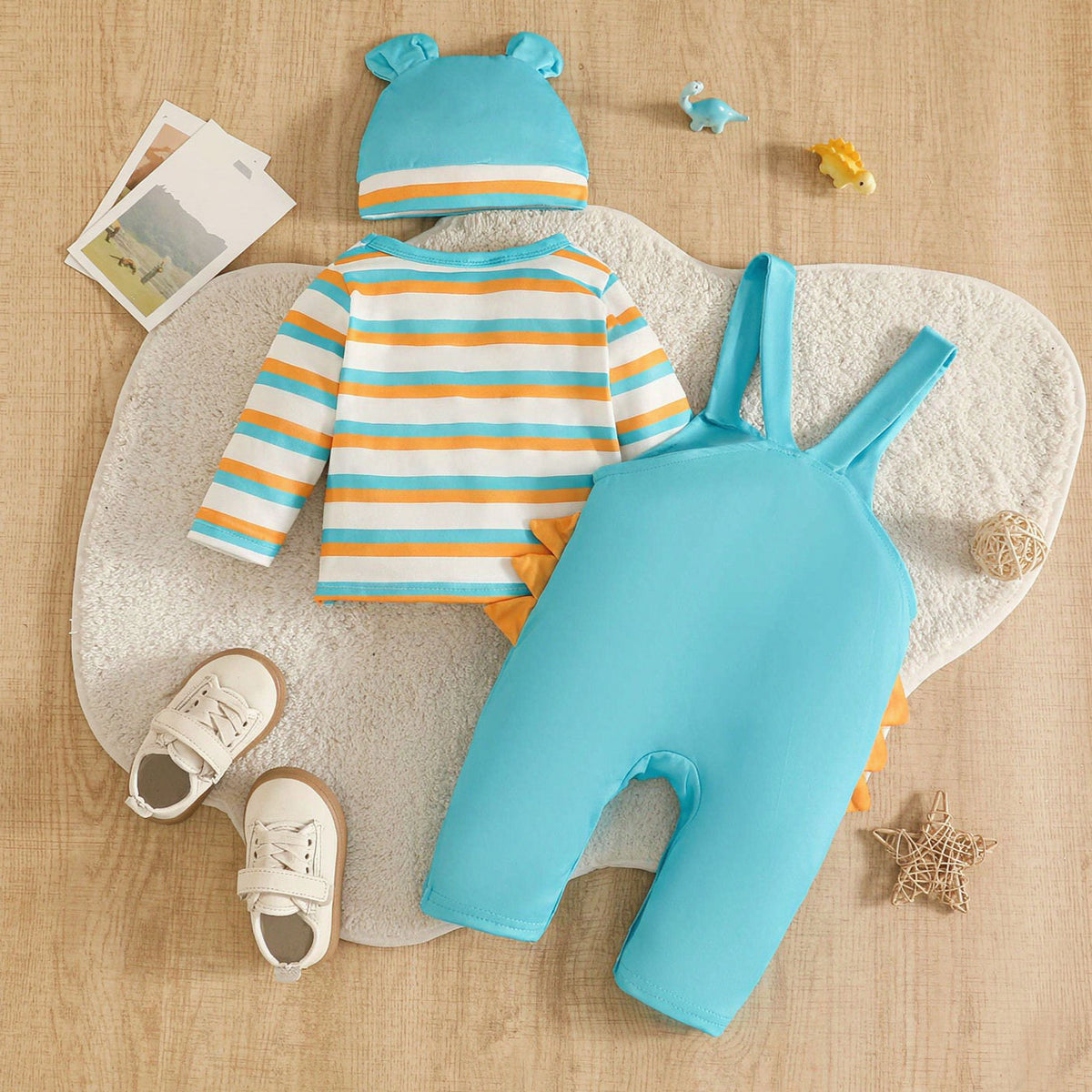 3PCS Dinosaur and Stripe Print Long Sleeve Baby Boy Overalls Set