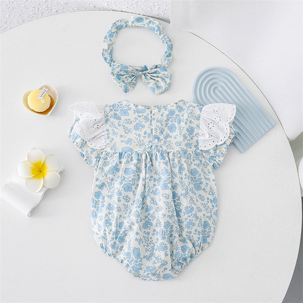 2PCS Cute Floral Printed Ruffled Short Sleeve Baby Romper