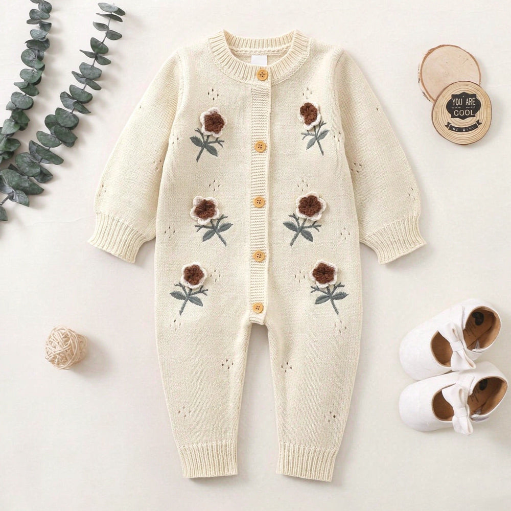 Soft Floral Embroidered Long Sleeve Knitted Baby Jumpsuit