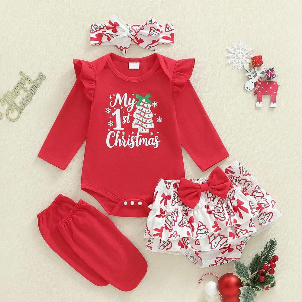 4PCS Sweet My 1st Christmas Letter Tree and Bow Print Baby Girl Set