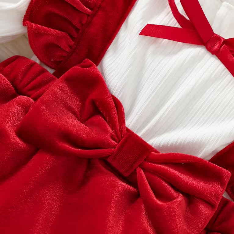 2PCS Christmas Bowknot Decor Long Sleeve Baby Velvet Romper