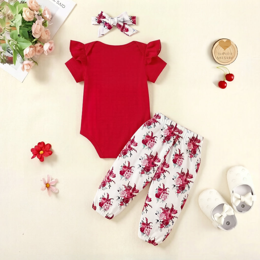 3PCS Mama‘s Bestie Letter Floral Print Short Sleeve Baby Set