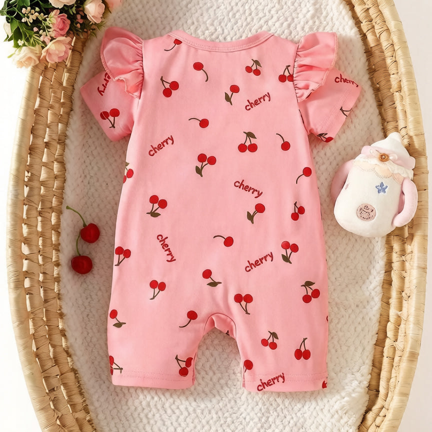 Elegant Cherry Print Short Sleeve Baby Jumpsuit