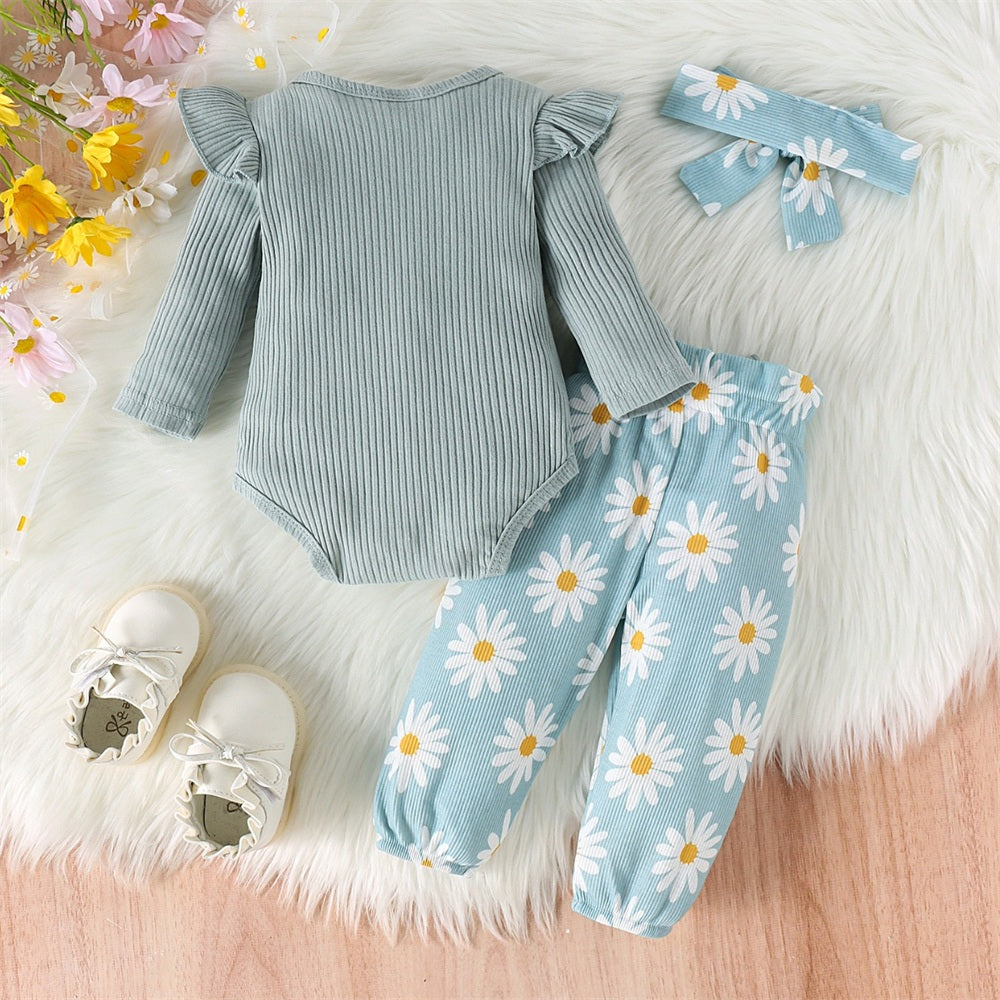 3PCS Pretty Little Sister Letter Daisy Print Baby Set