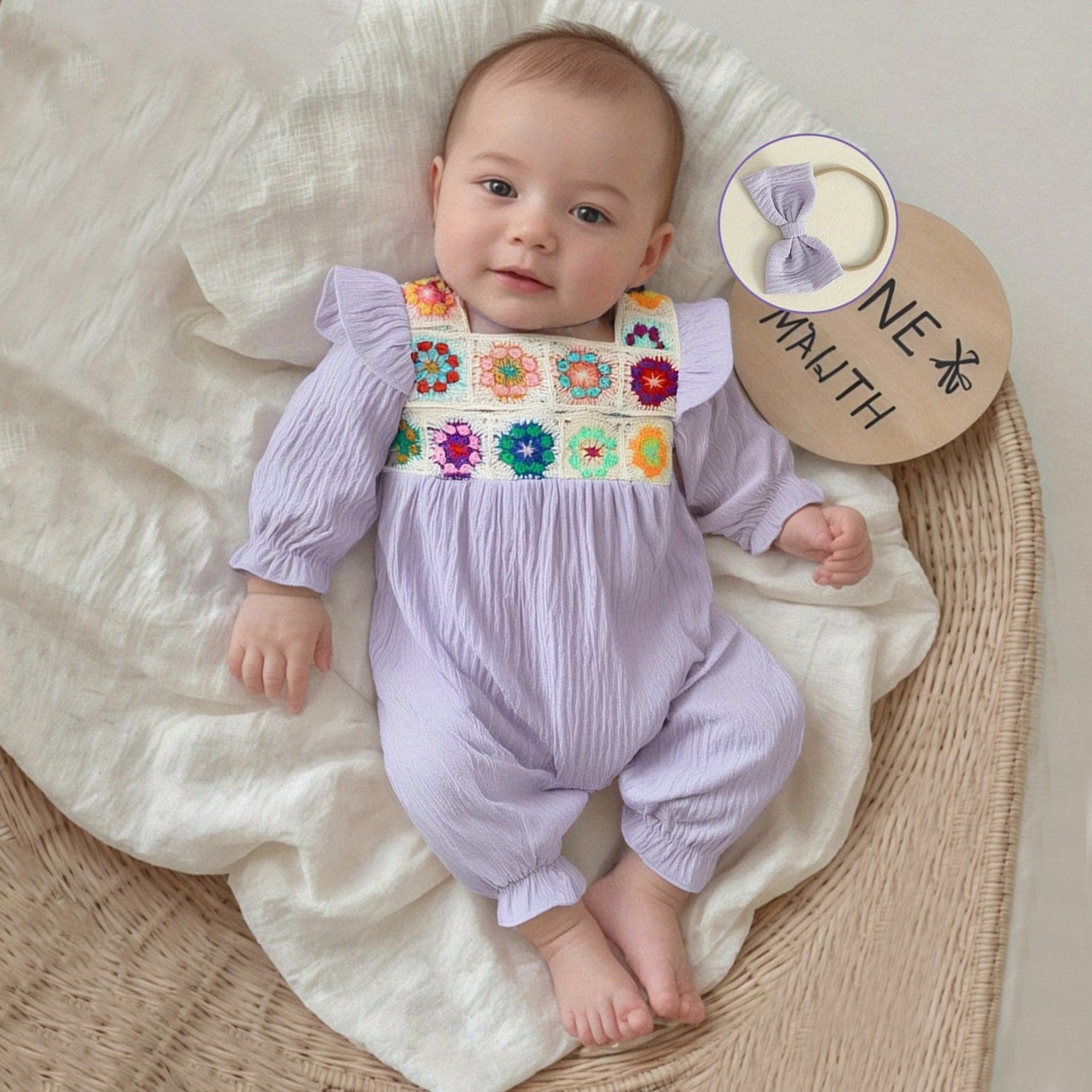 2PCS Elegant Floral Embroidery Long Sleeve Baby Jumpsuit