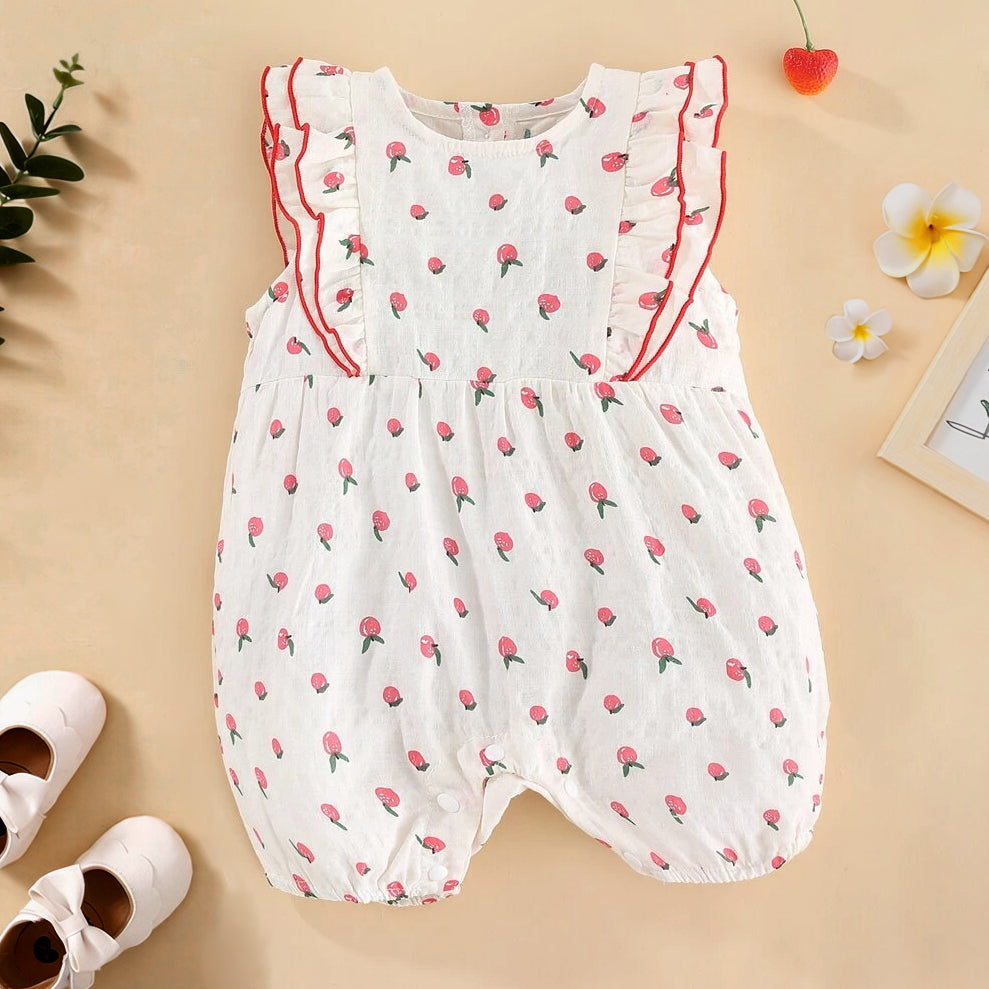 Cute Strawberry Print Flounce Sleeve Baby Jumpsuit