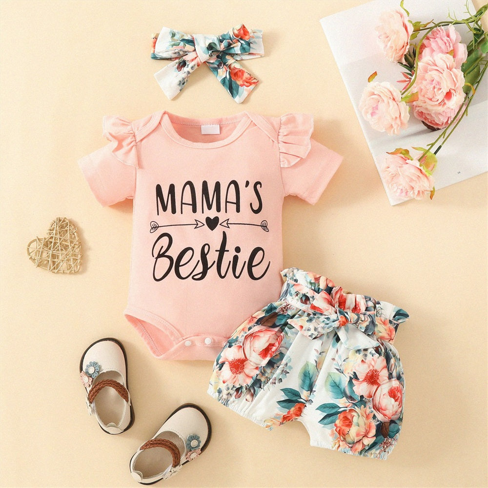 3PCS Mama's Bestie Letter Floral Printed Short Sleeve Baby Set