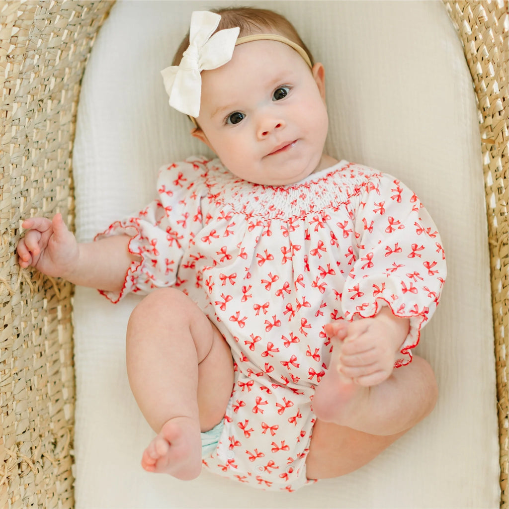 Allover Bow Print Long Sleeve Baby Romper