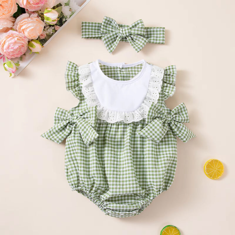 2PCS Cozy Plaid Print Eyelet Lace Trim Flutter Sleeve Baby Romper