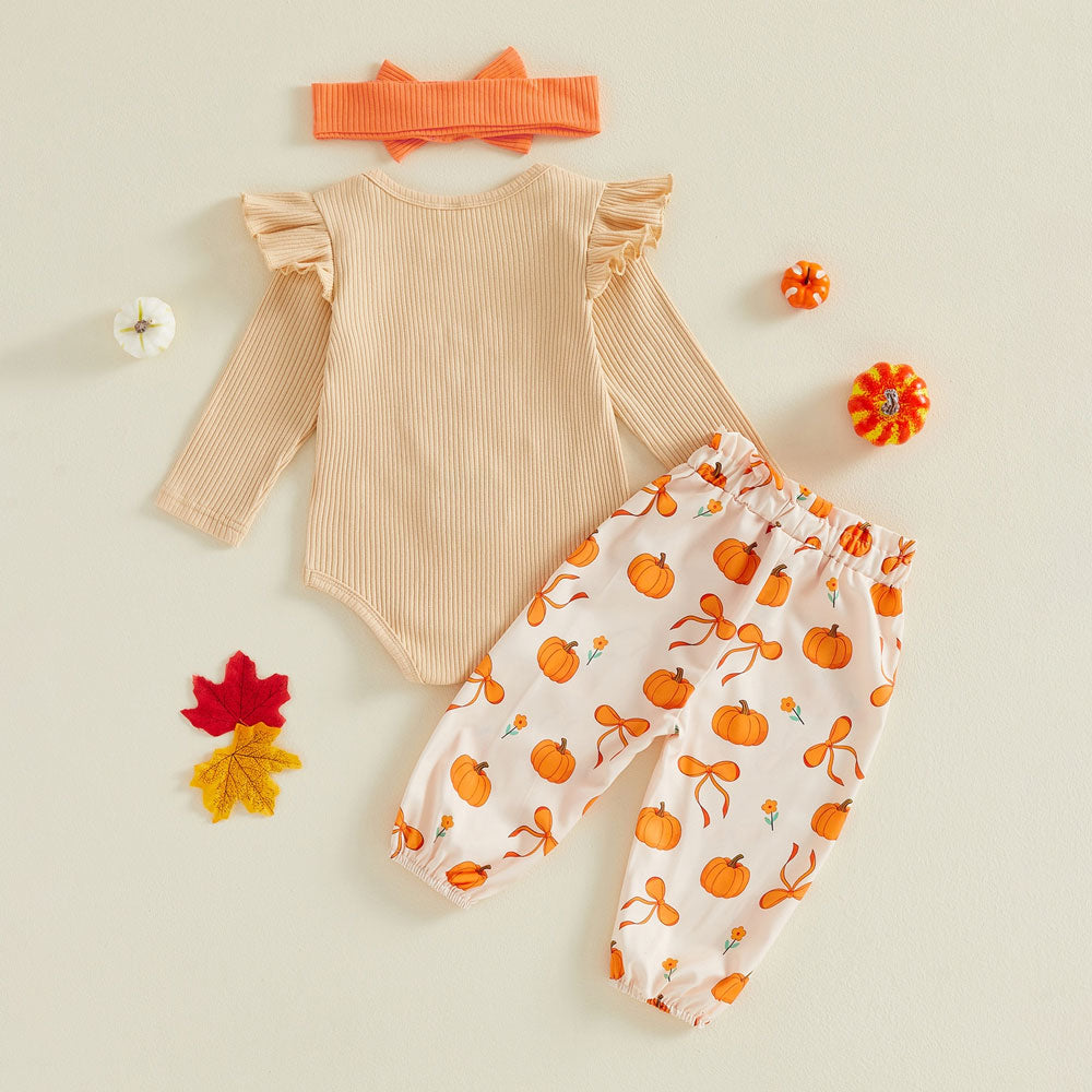 3PCS Halloween Letter Appliqué Pumpkin and Bow Printed Baby Set