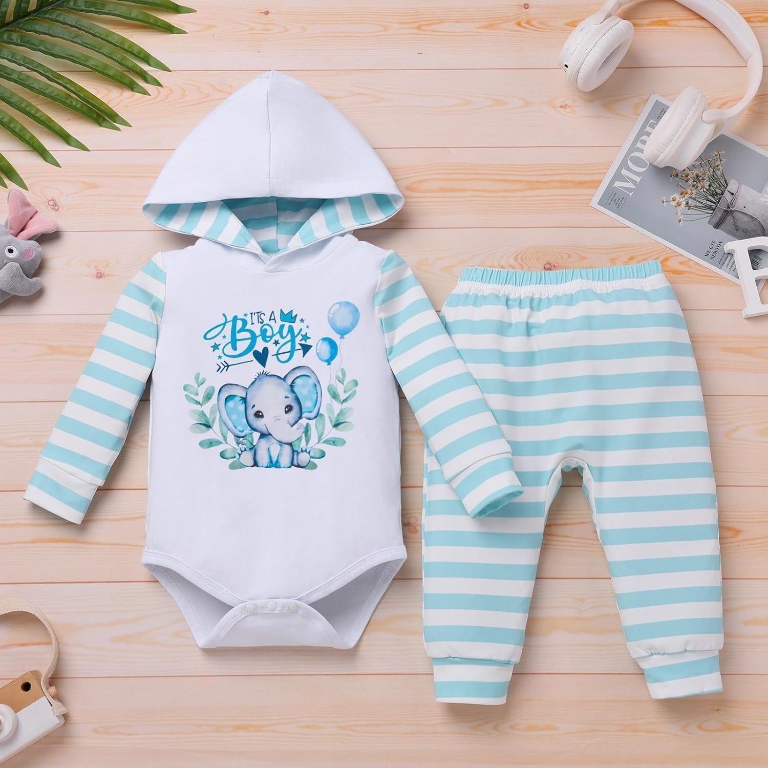 2PCS It's A Boy Letter Elephant Stripe Printed Hoodie Baby Set