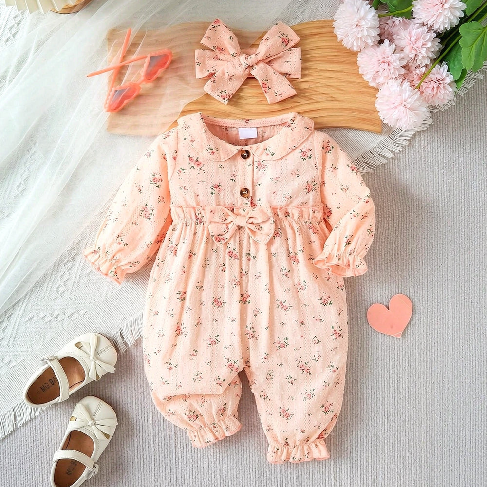 2PCS Delightful Baby Girl Floral Print Bow Long Sleeve Jumpsuit