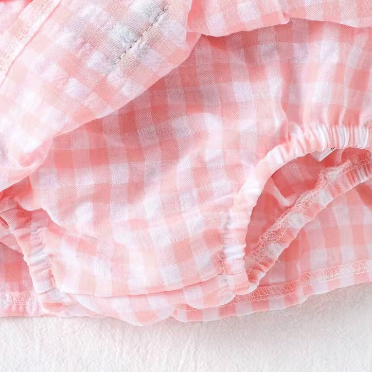 Sweet Cherry Applique Plaid Print Flutter Sleeve Baby Romper