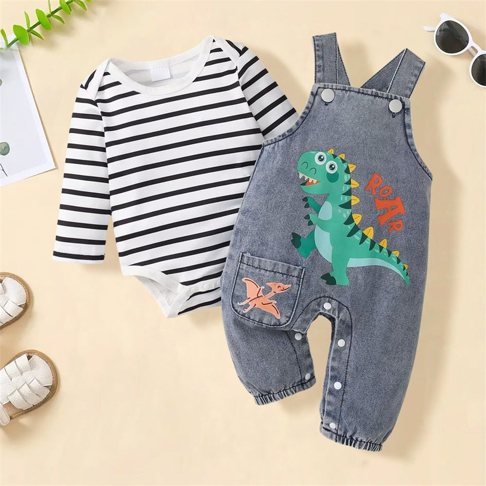 2PCS Casual Dinosaur Print Striped Long Sleeve Denim Overalls Baby Set