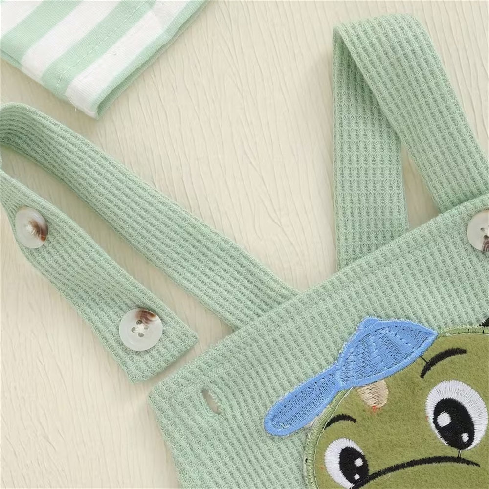 3PCS Casual Dinosaur Print Striped Long Sleeve Baby Overalls Set