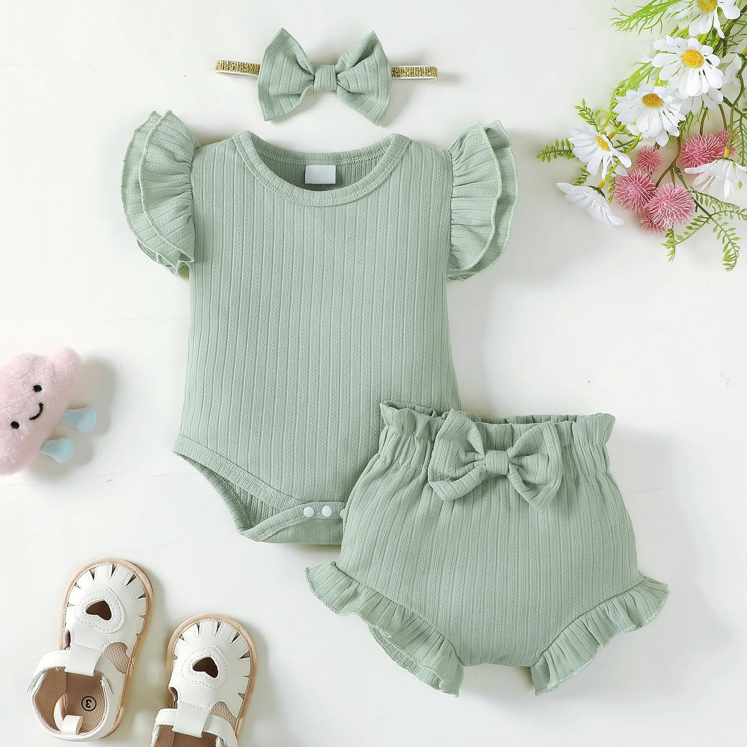 3PCS Solid Color Baby Romper Set