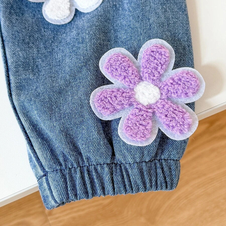 2PCS Pretty Floral Applique Long Sleeve Baby Girl Denim Set