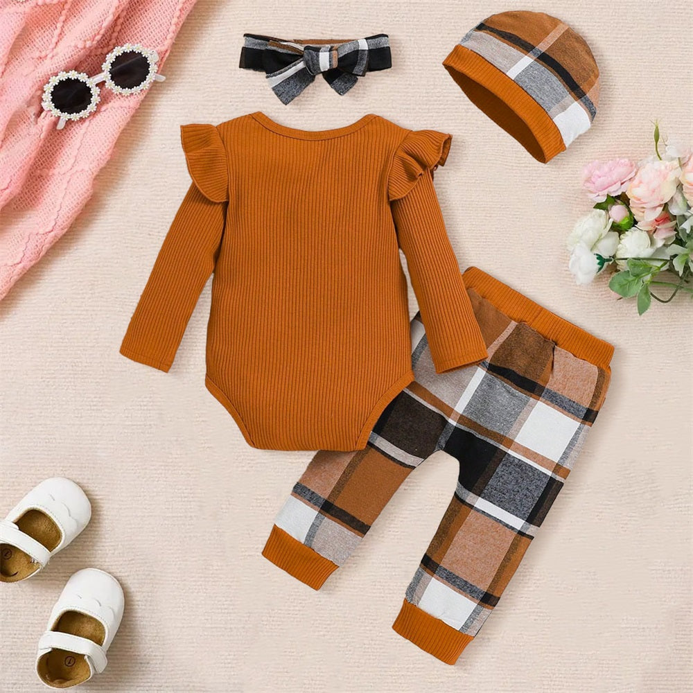 4PCS Fashion Plaid Print Long Sleeve Baby Set