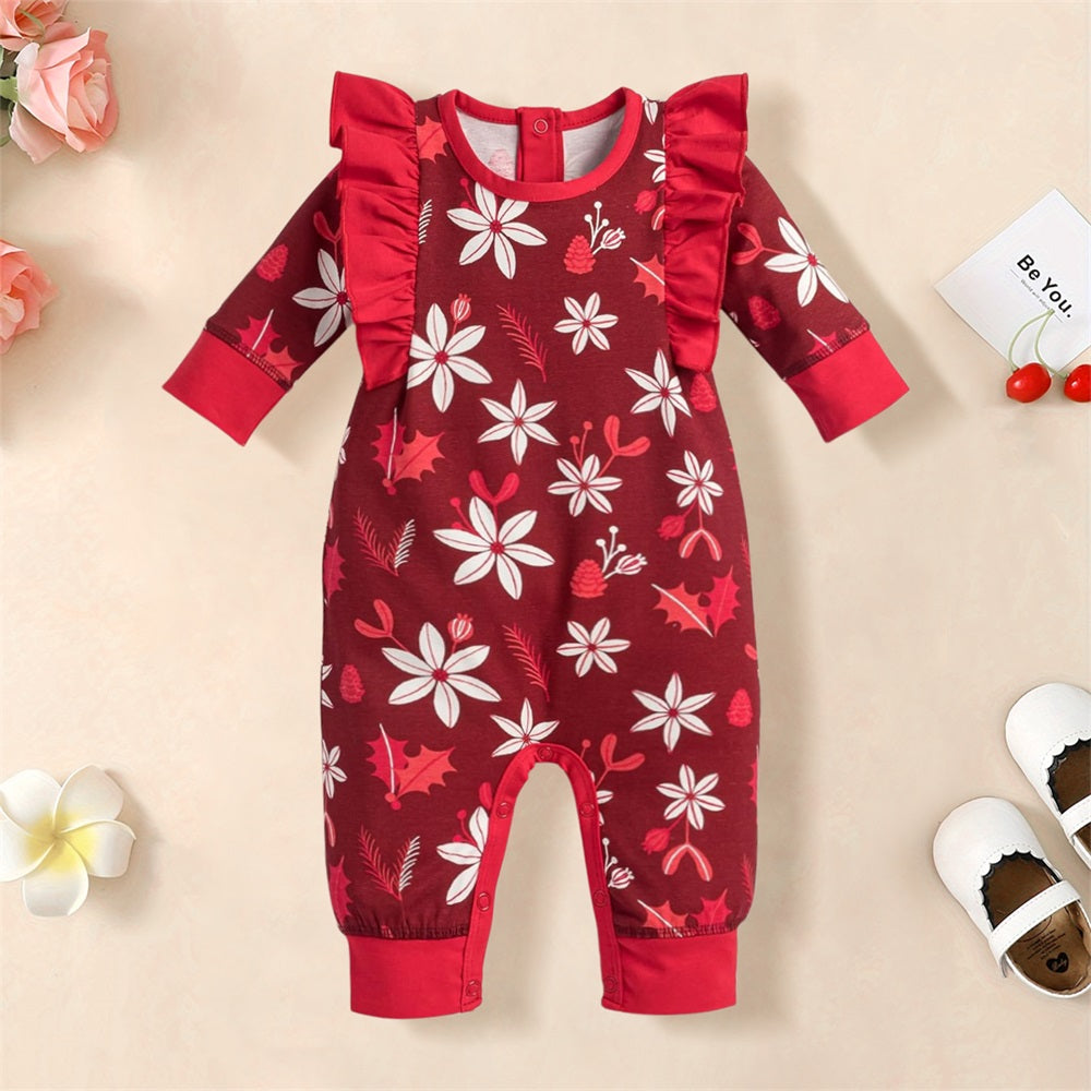 Pretty Floral Print Frill Long Sleeve Baby Jumpsuit