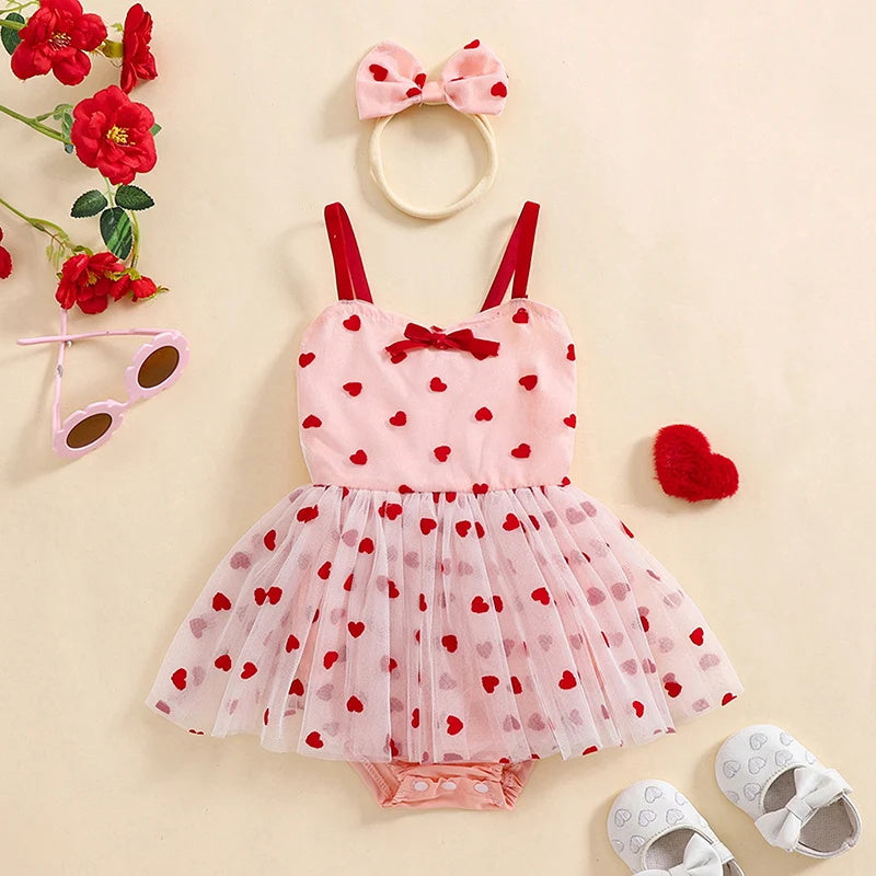 2PCS Chic Heart Print Tulle Sleeveless Baby Romper