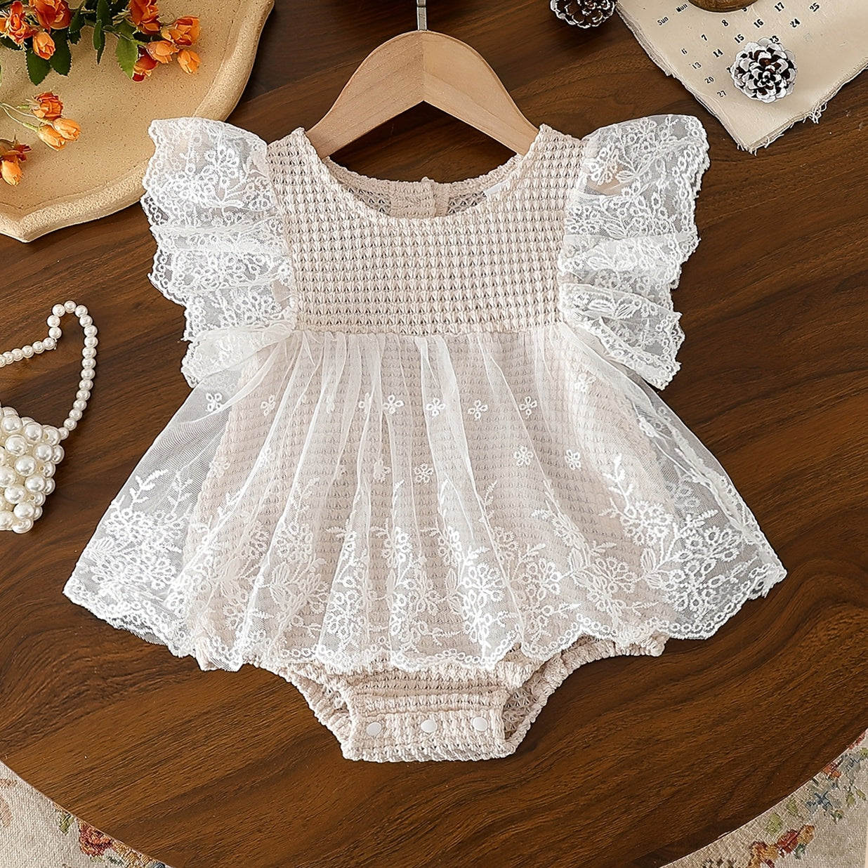 Sweet Smocked Lace Tulle Flutter Sleeve Baby Romper