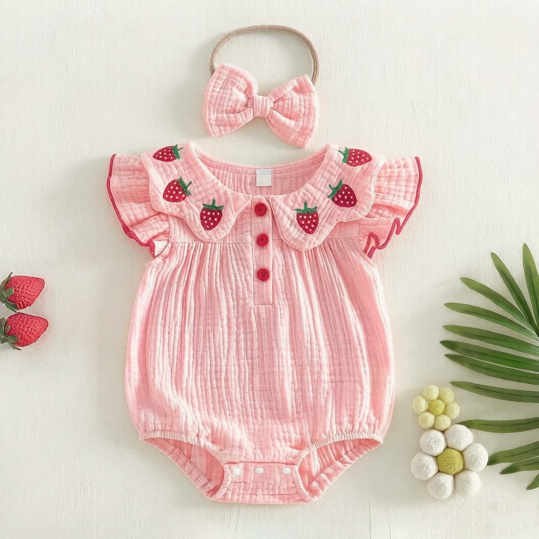 2PCS Lovely Strawberry Embroidery Flounce Sleeve Baby Romper