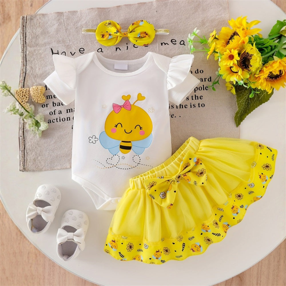 3PCS Cute Bee Printed Short Sleeve Tulle Skirt Baby Set