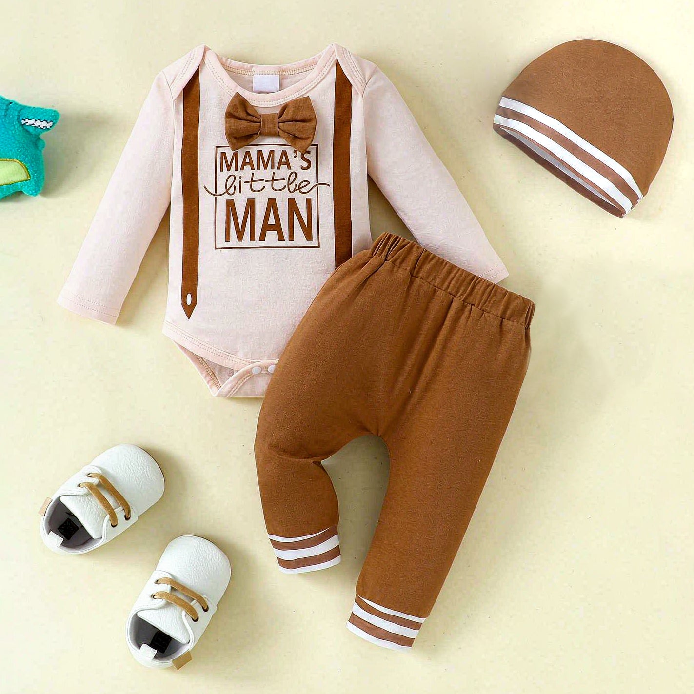 3PCS Mama's Little Man Letter Printed Long Sleeve Baby Set