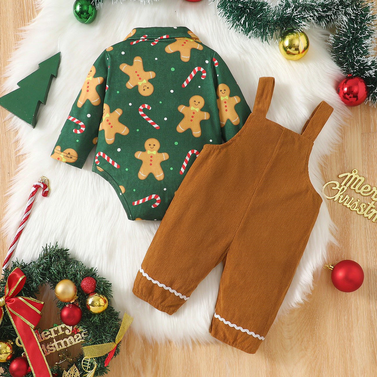 2PCS Gingerbread Man Candy Cane Print Long Sleeve Baby Overalls Set