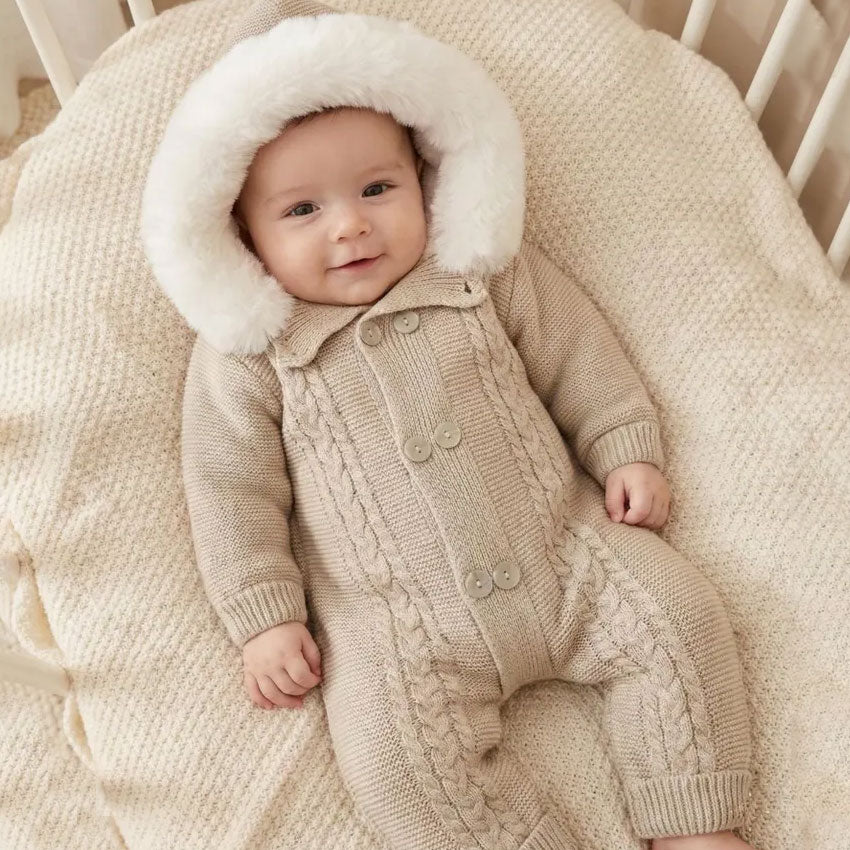 Comfy Solid Color Knit Fuzzy Long Sleeve Hoodie Baby Jumpsuit