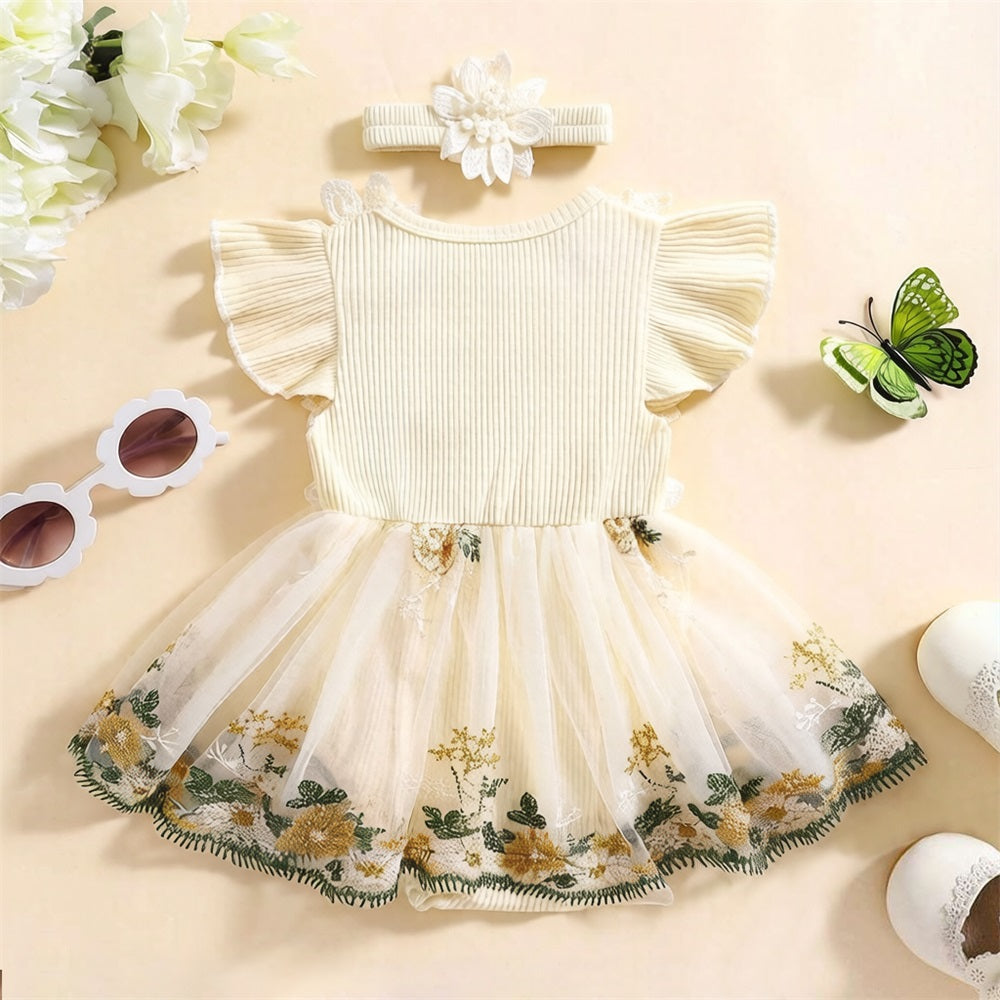 2PCS Floral Embroidery Flounce Sleeve Baby Romper