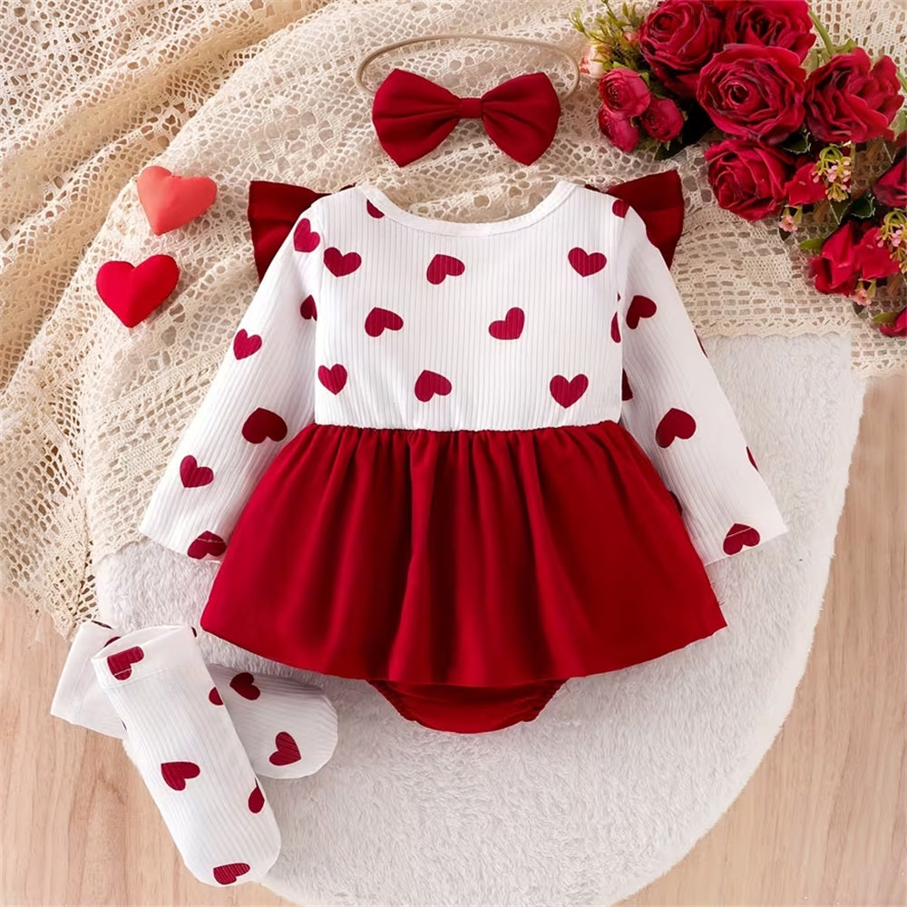 3PCS Trend Heart Print Ruffle Shoulder Long Sleeve Baby Romper
