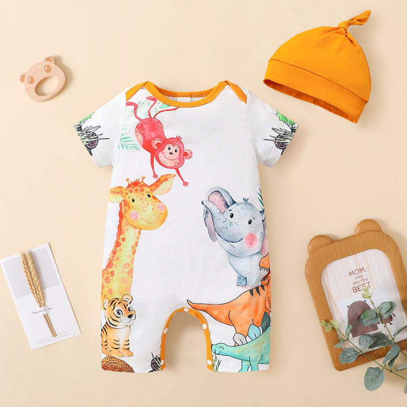 2PCS Cute Cartoon Animal Printed Baby Jumpsuit With Hat