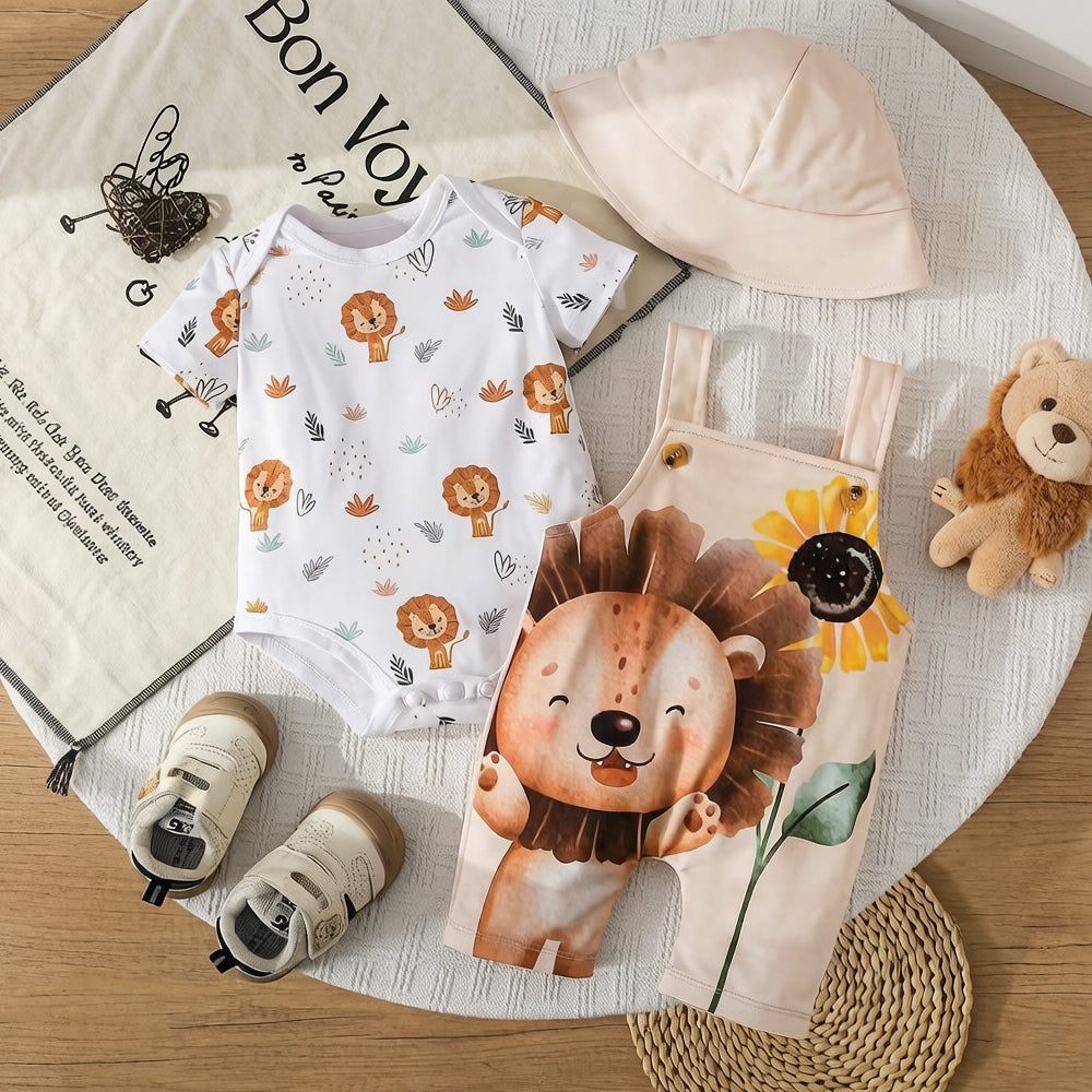 3PCS Lion Sunflower Printed Short Sleeve Baby Overalls Set