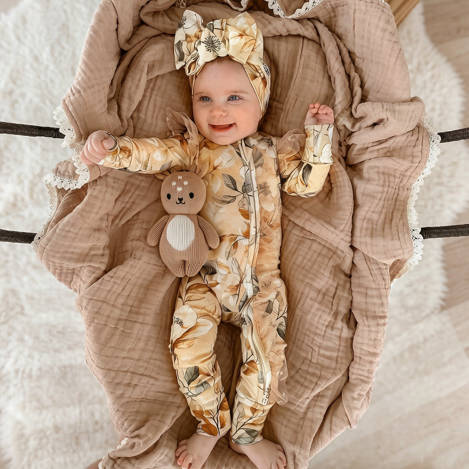 2PCS Maillard Style Floral Print Tulle Zipper Long Sleeve Baby Jumpsuit