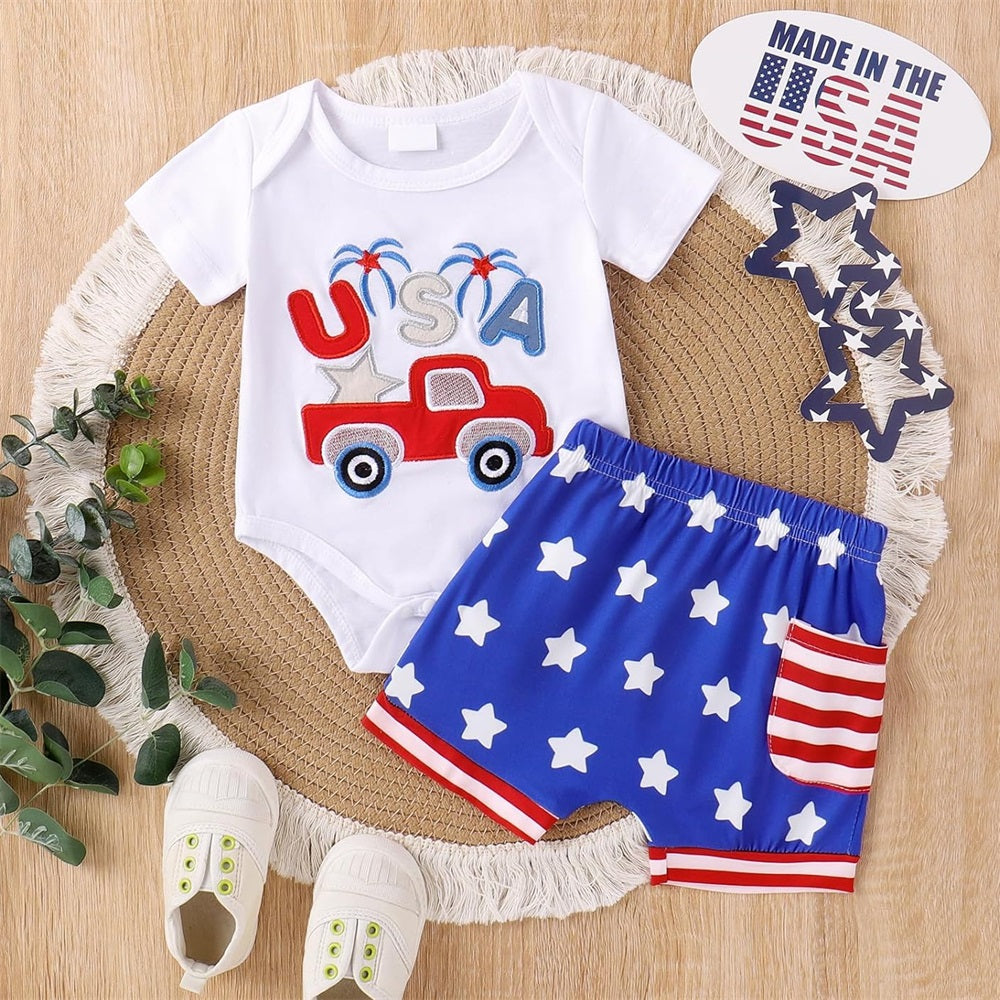 2PCS USA Letter Embroidery Star Printed Short Sleeve Baby Set