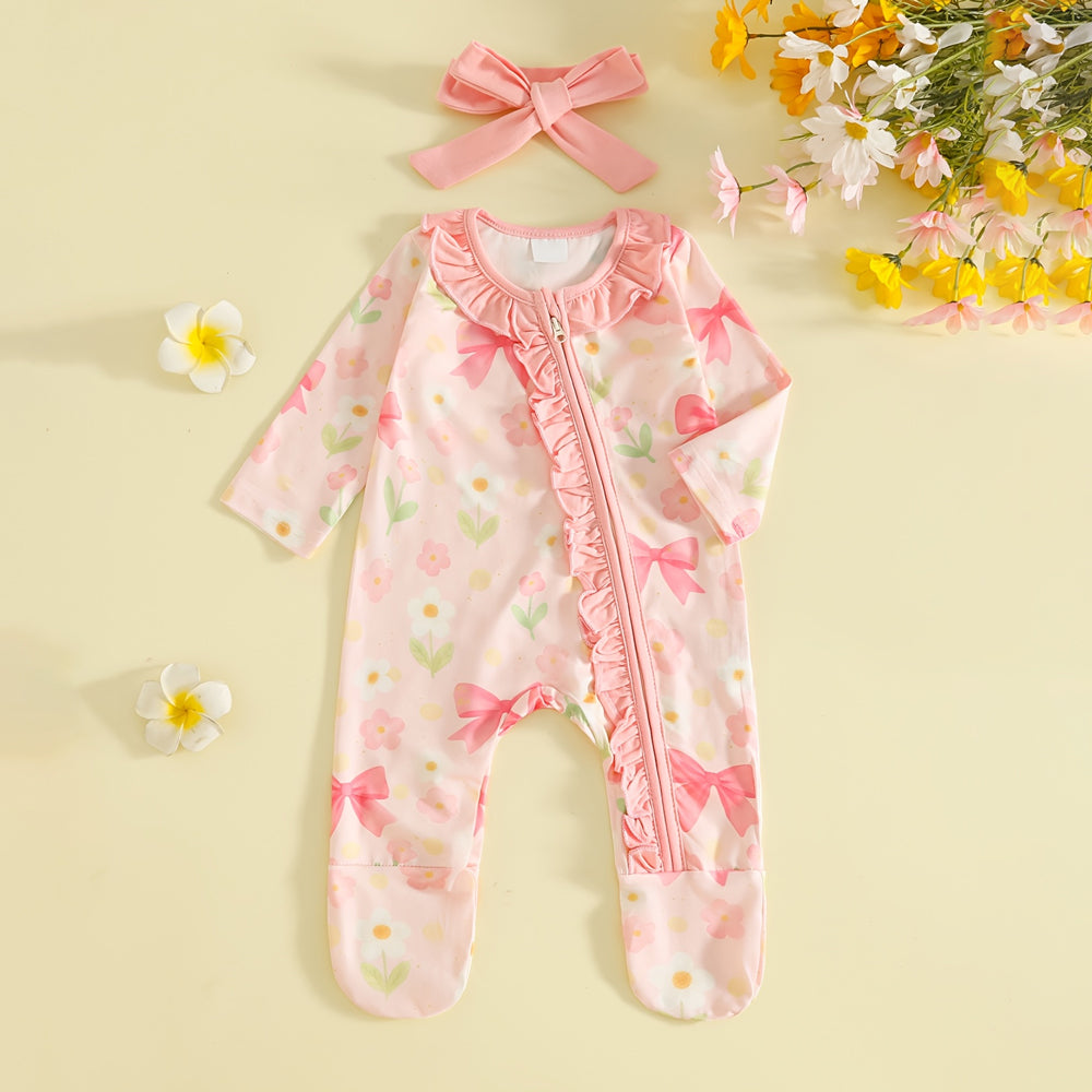 2PCS Adorable Floral Print Ruffle Zipper Baby Jumpsuit