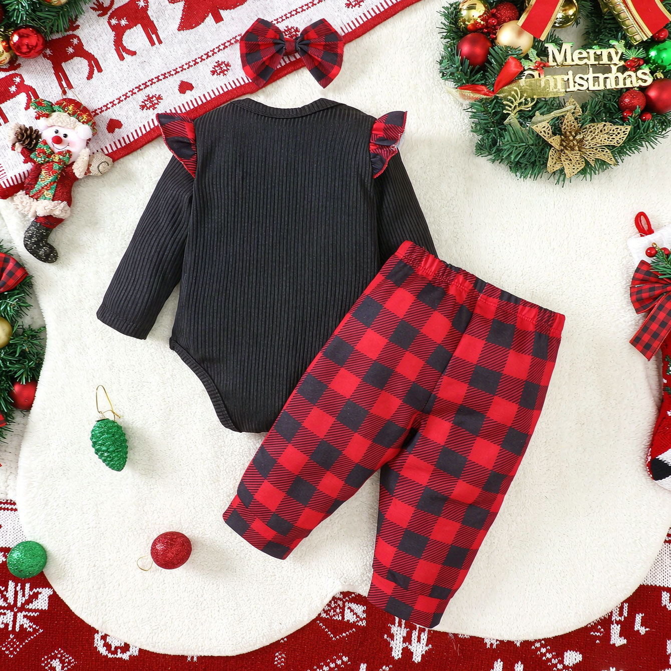 3PCS Christmas Santa Claus Appliqué Plaid Print Long Sleeve Baby Set